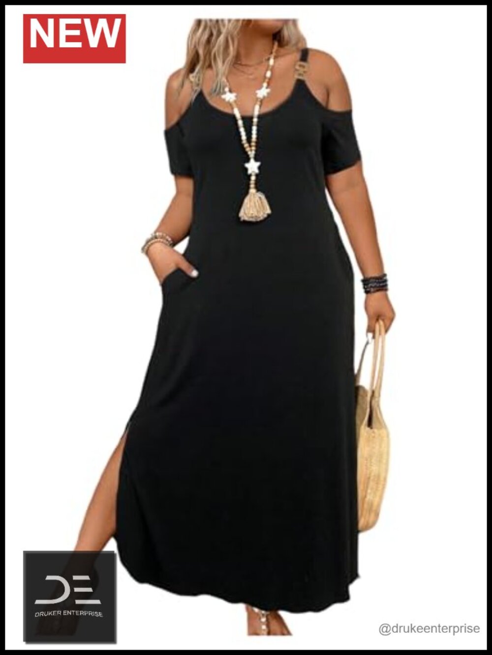 Women's Plus Size Maxi Dress Cold Shoulder Short Sleeve Split Pockets